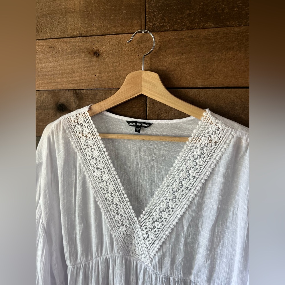 Unique Spectrum White Boho Peasant Blouse with Crochet Lace Trim Women’s L - Picture 5 of 9